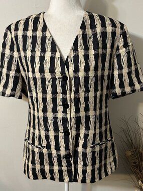 Preston & York Women Tan Black Plaid Blazer Jacket Linen Blend Short Sleeve 14